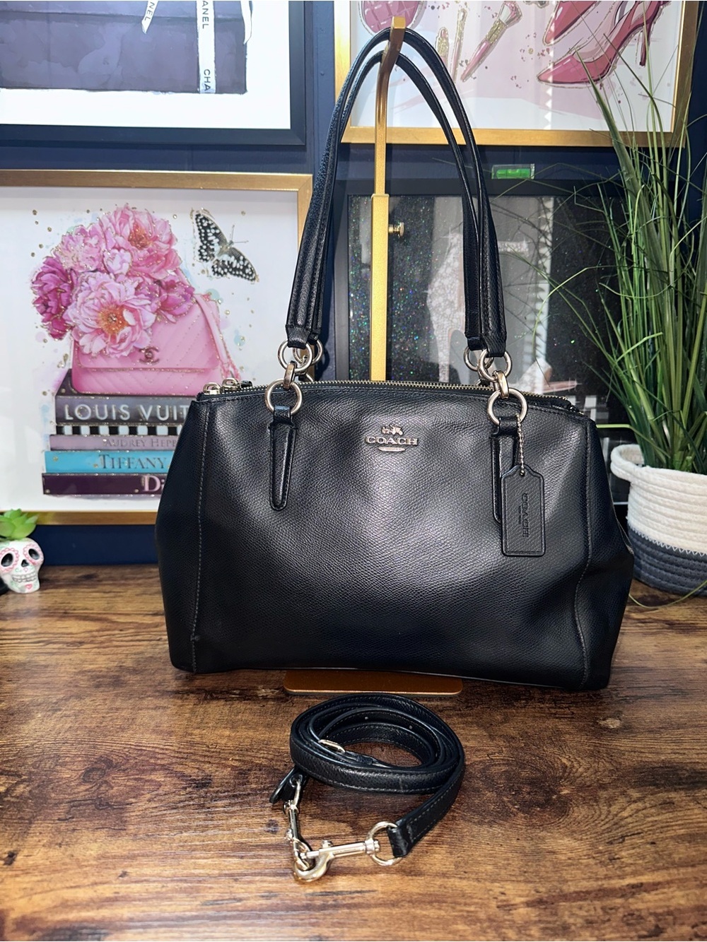 Coach Black Pebbled Leather Tote with Removable Strap